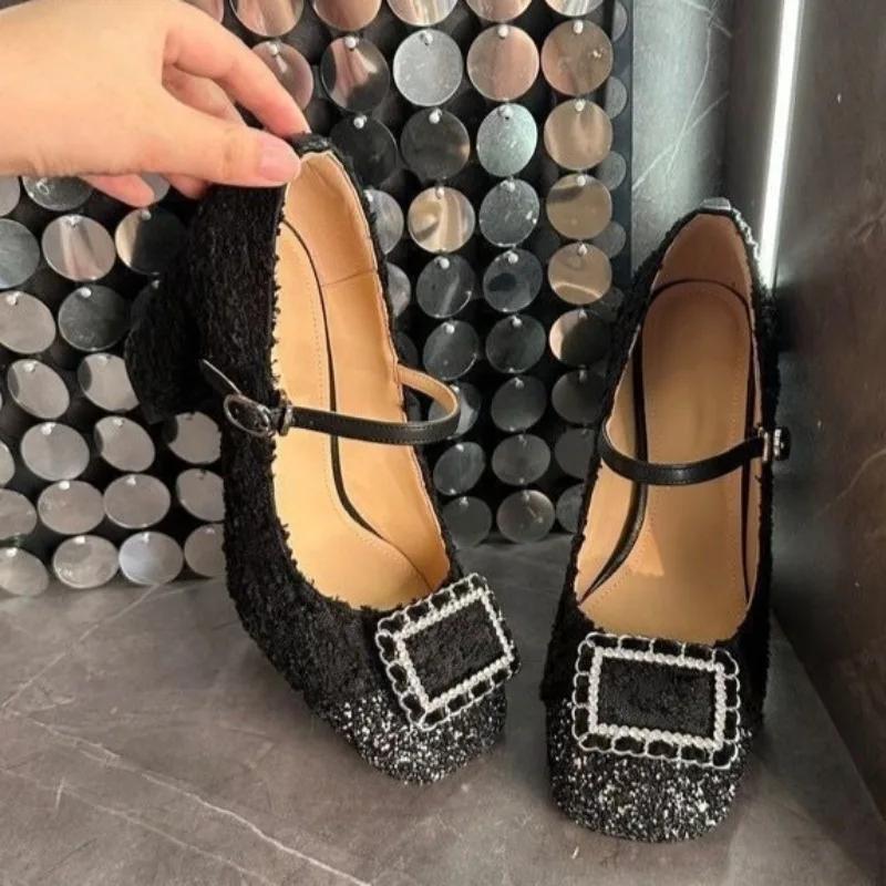 Xiaoxiangfeng High Heels für Damen 2025 Herbst Neu Pailletten mit Flachem Ausschnitt Pailletten Blockabsatz Mary Jane Einzelne Schuhe Quadratische Zehen