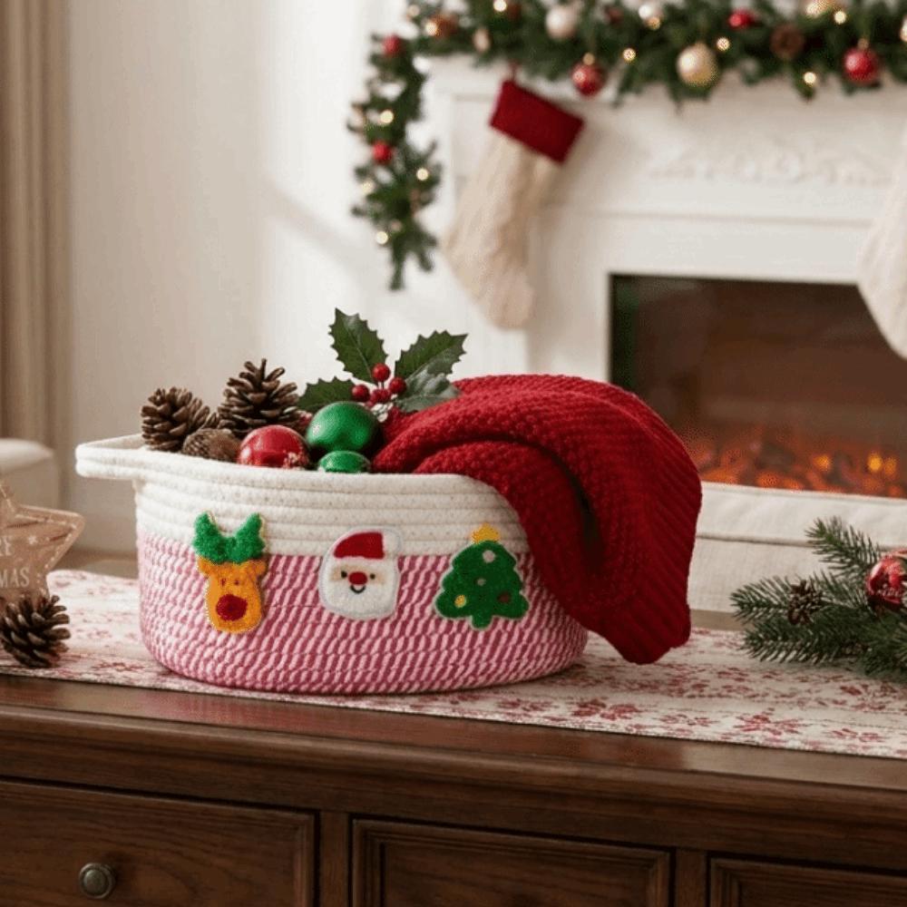 Xmas Theme Hand Woven Storage Basket Cotton Rope Small Item Storage Bin Entryway
