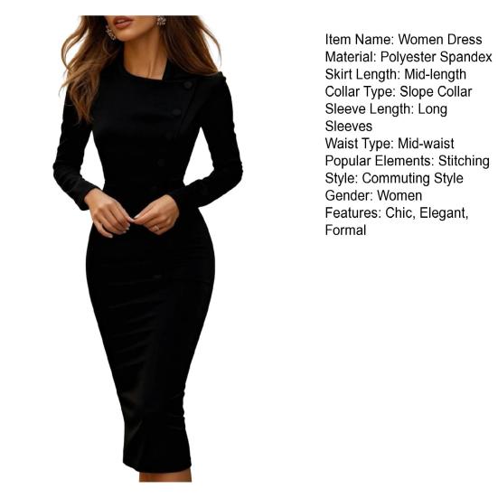 Work Dress for Women Single Breasted Long Sleeve Bodycon Midi Dress Formal Church Office Business Sheath Dress