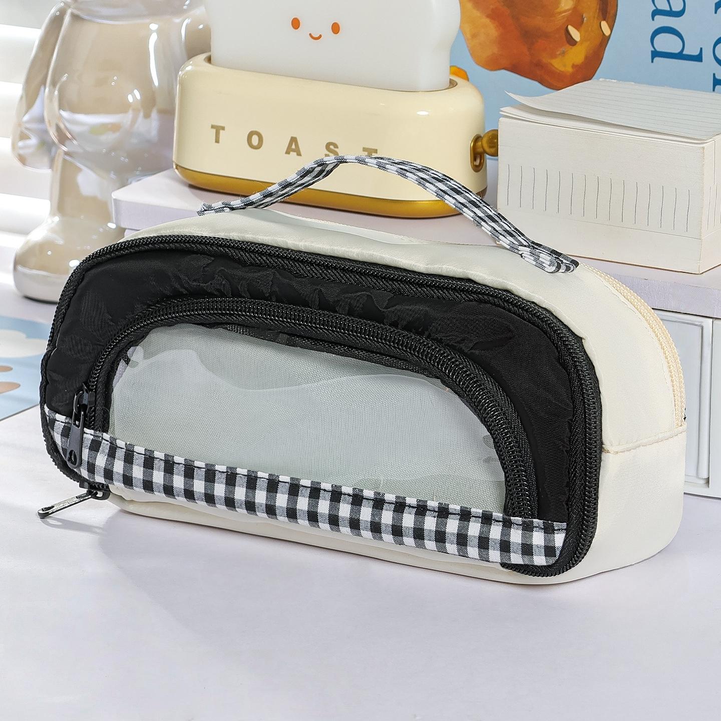 

Cute Checkered Window Pencil Case with Handle Multilayer Large Capacity Storage Pouch Contrast Color Design Multi-Function