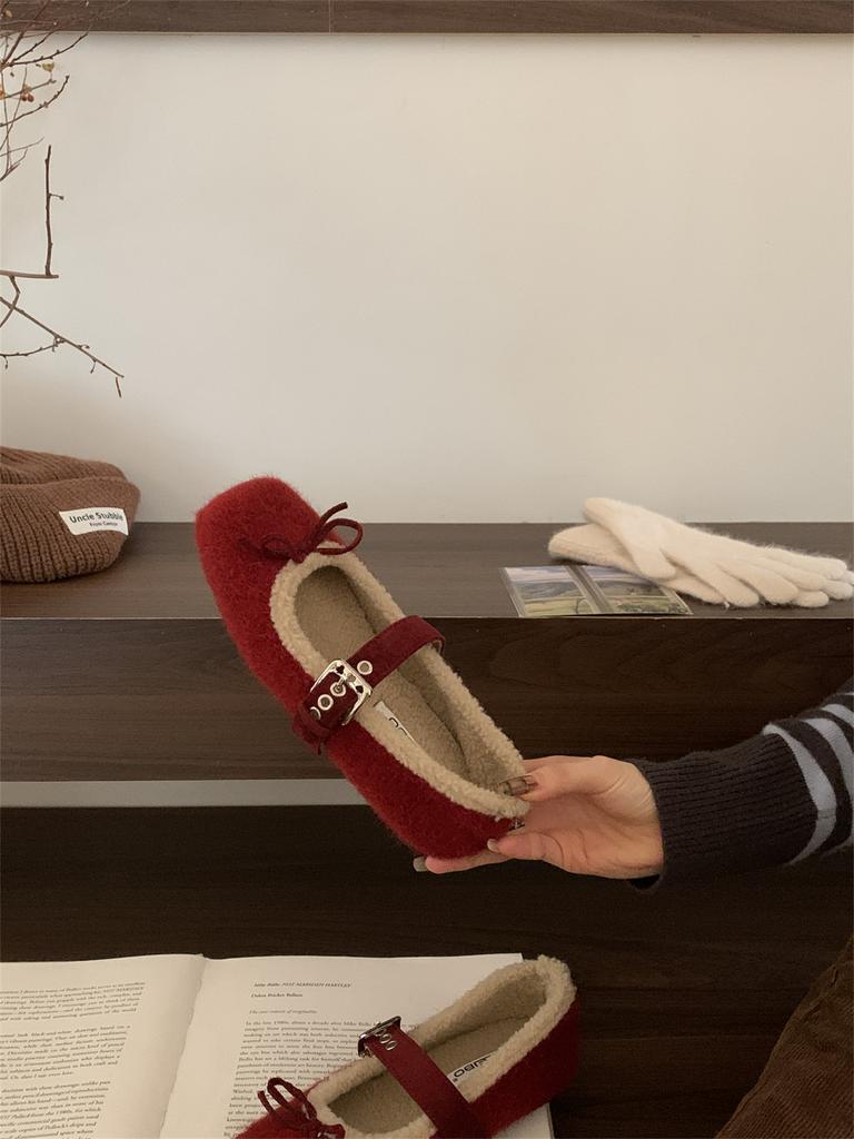 French Bow Huge Good-looking Super Fire Fluffy Winter Shoes Mary Jane Single Shoes Fluffy Shoes Women Wear Velvet
