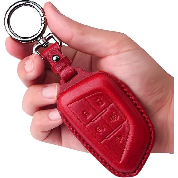 Tukellen for Cadillac Leather Key Fob Cover with Keychain Leather Key Case Key Shell 360 Degree Full Protection Compatible with Cadillac Escalade CTS
