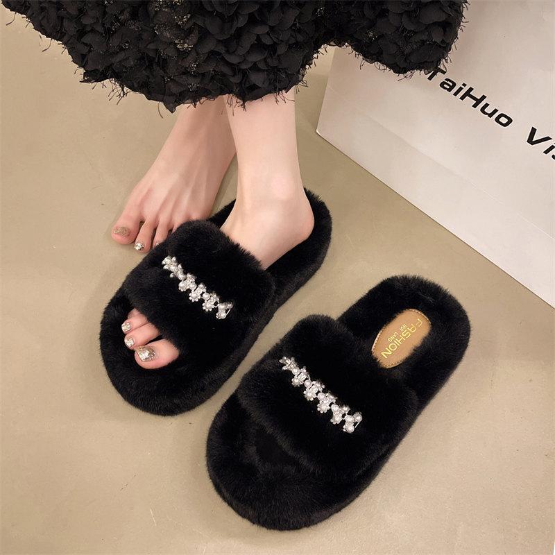 Mode 2024 Neues Perlendesign Flauschige Hausschuhe Damen Hausschuhe Indoor Weiche Plüsch Warme Hausschuhe Damen Mode Keilschuhe Größe 35-42