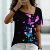 Women Square Neck Short Sleeve Top Black Galaxy Colorful Glitter Butterfly Print Blouse