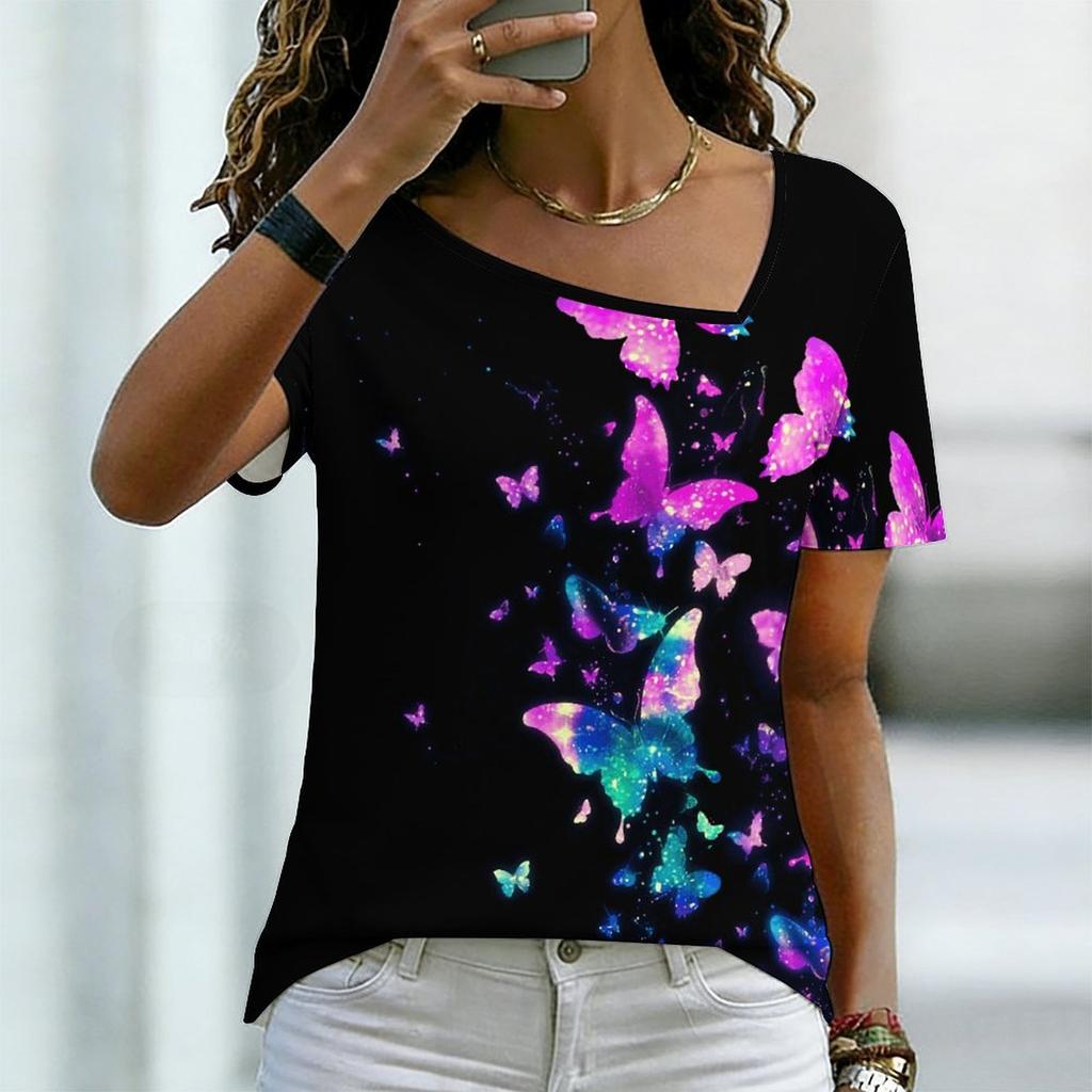 Women Square Neck Short Sleeve Top Black Galaxy Colorful Glitter Butterfly Print Blouse