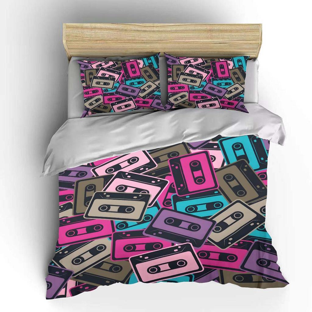 Retro Colorful Cassette Tapes Background Bedding Set 1 Duvet Cover 2 Pillowcases for Adult and Children Luxury Gift Full Size