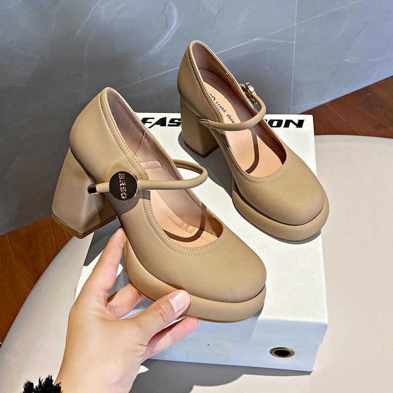 

Черные туфли на высоком толстом каблуке, женские, новые, весна-осень, под юбку, Мэри Джейн, с мелким вырезом, маленькие кожаные туфли 34