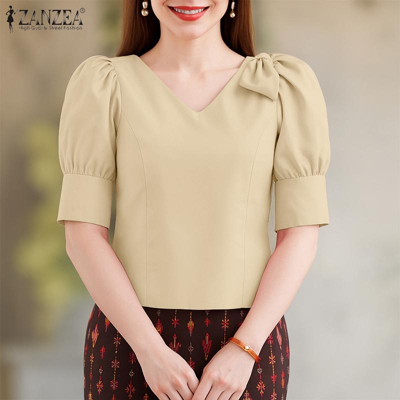 ZANZEA Damen V-Ausschnitt Einfarbig Lässige Kurzarmbluse