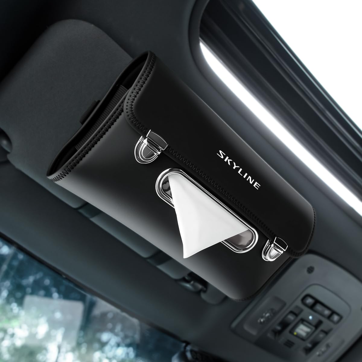 

Автомобильная салфетница Skyline с креплениями Вертикально и для Нового Skyline Индивидуальные крепления для салфеток к кнопке-крючку Большая Удобная Салон автомобиля Автомобиль 1 шт. чёрный