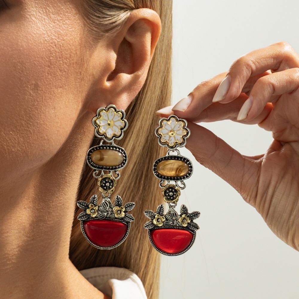 Bohemian Retro Geometric Resin Imitation Flower Sunflower Dangle Earrings for Women Exaggerated Fashion Party Jewelry Accessory
