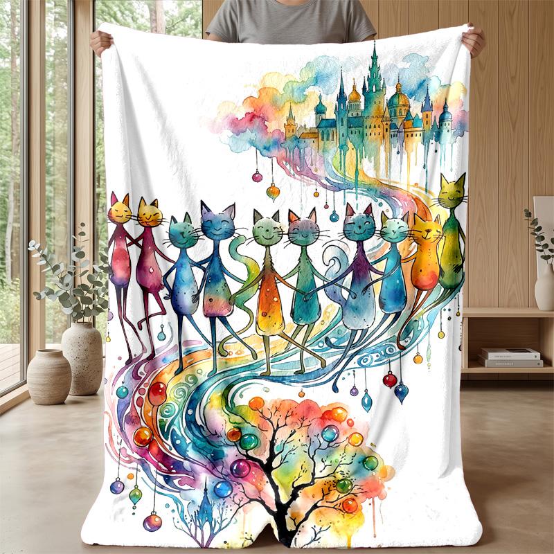 Colorful Cats Pattern blanket Personalized Name Flannel Blanket Soft Cozy Plush Throw for Sofa Bed Lightweight Home Decor