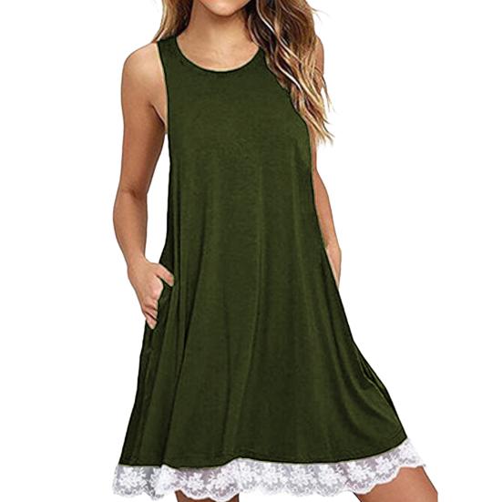 Vestito Estivo da Donna con Tasche Laterali Bordo in Pizzo Linea ad A Senza Maniche Girocollo Monocolore Mini Abito Estivo Corto per Spiaggia Appuntamenti Uso Quotidiano