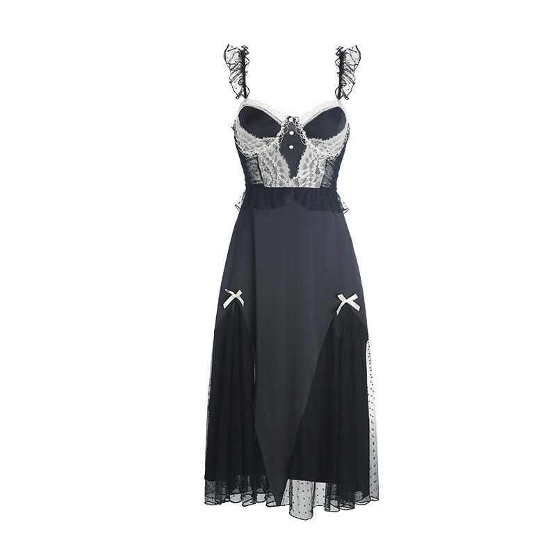Women's Satin Lace Sheer Polka Dot Mesh Padded Princess Style Cami Sleep Dress