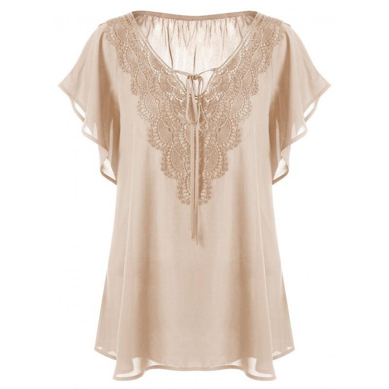 Lace V Neck Loose Women Blouse Large Size Lace-up Short Sleeve Shirts Ladies Solid Color Loose Sweet Office Elegant Fashion Simple Clothing