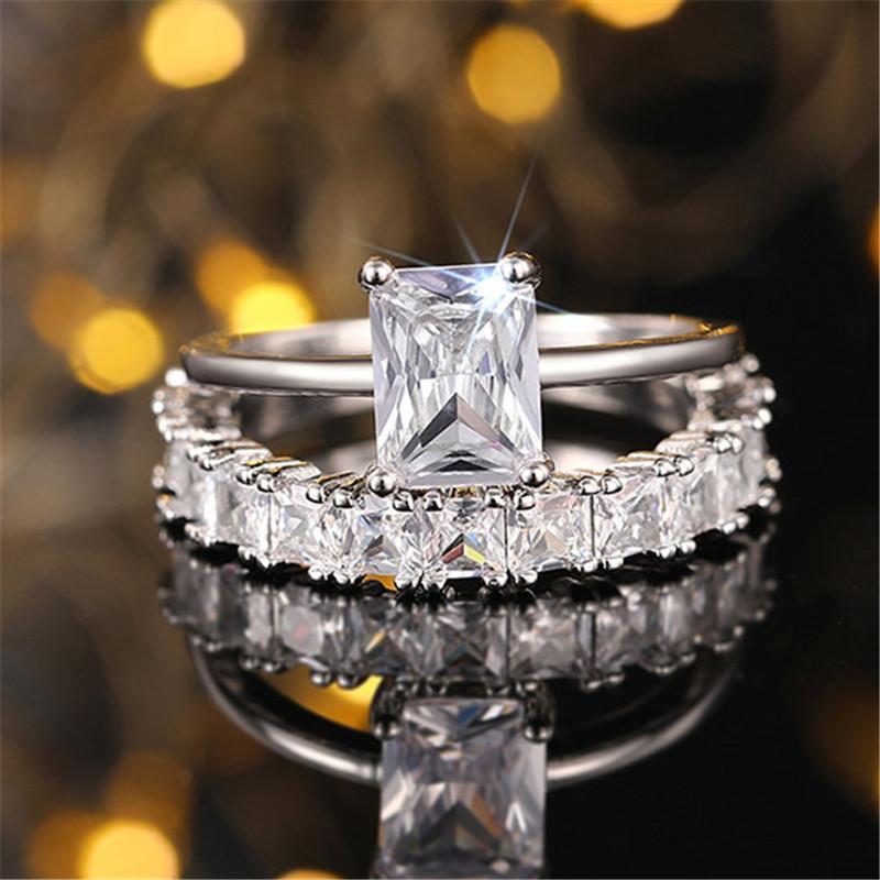 

925 Sterling Silver Wedding Rings for Women Bright Geometric Cubic Zirconia Finger Accessories Double Stacked Fashion Jewelry 9