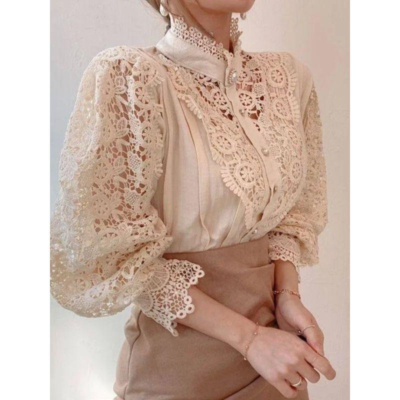 Spliced Long Sleeved Stand Up Collar Shirt Patchwork Long Sleeves Stand Collar Shirt