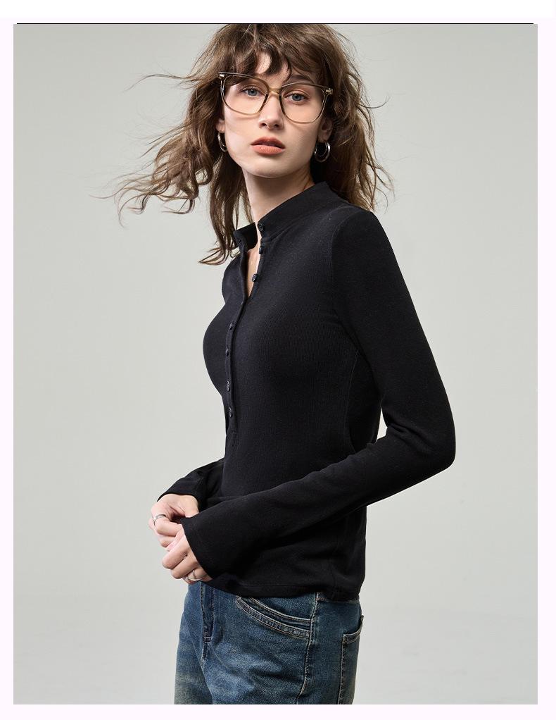 2025 Autumn Women's Long Sleeve Henley Top - Slim Fit Knit with Button Detail