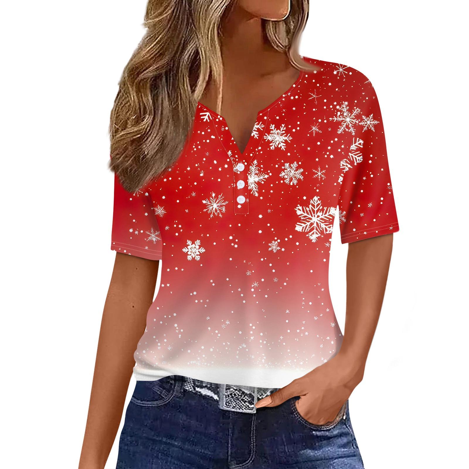 

Женская футболка с рождественским принтом, на пуговицах, с коротким рукавом, повседневная, для выходных, модная, базовая, с V-образным вырезом, обычная L