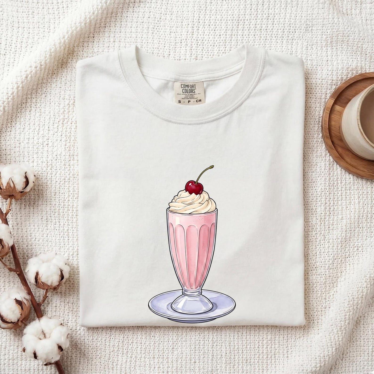 Milkshake Glass Shirt Desserts Foodie Gift Women Hand Drawn Tee Milkshake T-Shirt Sweets Fan Milk Art Tshirt Food Graphic Retro Cherry L