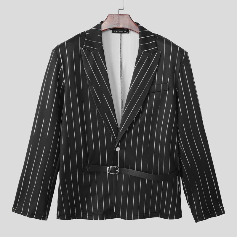 INCERUN Men Deep V Neck Long Sleeve One Button Striped Thin Blazer Short Coats