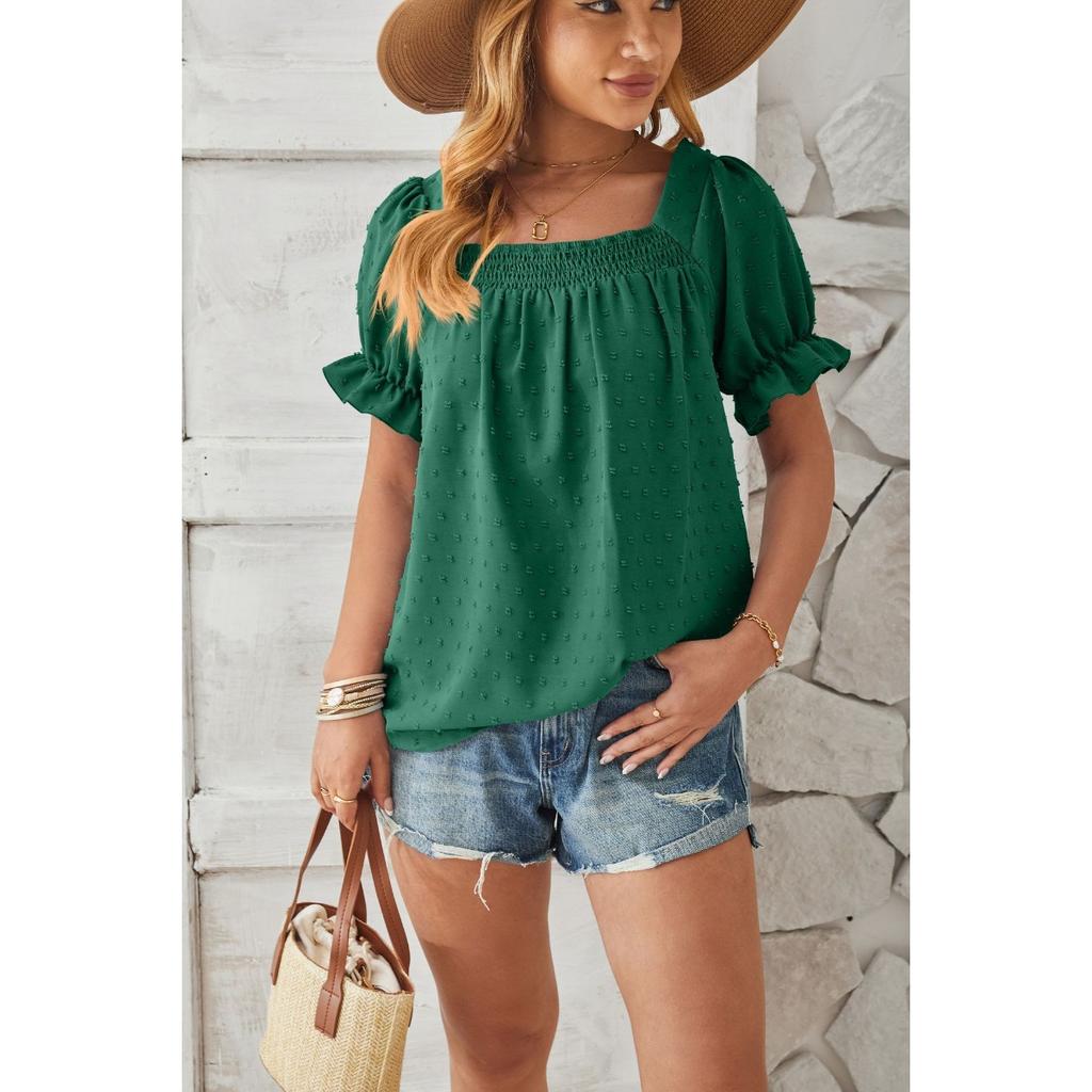 Spring Summer New Women's Chiffon Smocked Blouse, Square Neck Short Sleeve Top with Pom Poms, European American Style Casual Shirt for Women