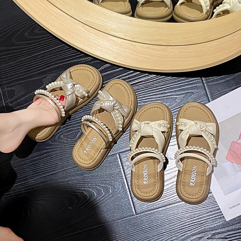 Cross cool slippers one word fashion fairy wind pearl with skirt girl 2025 summer thick bottom new slippers