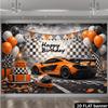 Zweidimensionale Ebene Super-Sportwagen-Thema Geburtstagshintergrundstoff einschließlich orangefarbenem Rennwagen kariertem Kuchen