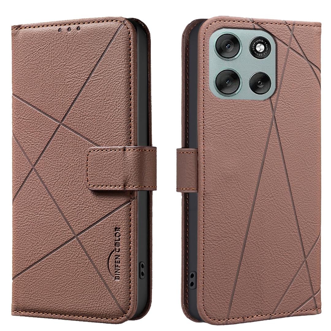 

For Motorola Moto G56 5G Case BINFEN COLOR BF35 Geometry Imprinted Leather Phone Cover RFID Blocking Wallet Stand Brown