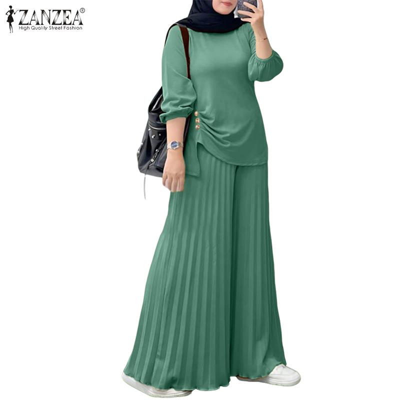 ZANZEA Blusa de Manga Larga para Mujer y Pantalones de Pierna Ancha Conjuntos Casuales de Dos Piezas