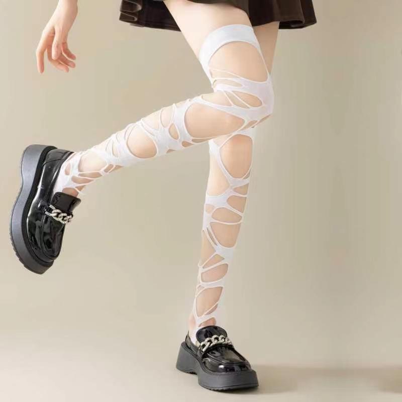 Irregular Hollow Fishnet Women Thigh High Stocking Gothic Sexy High Elastic Pure Color Stockings