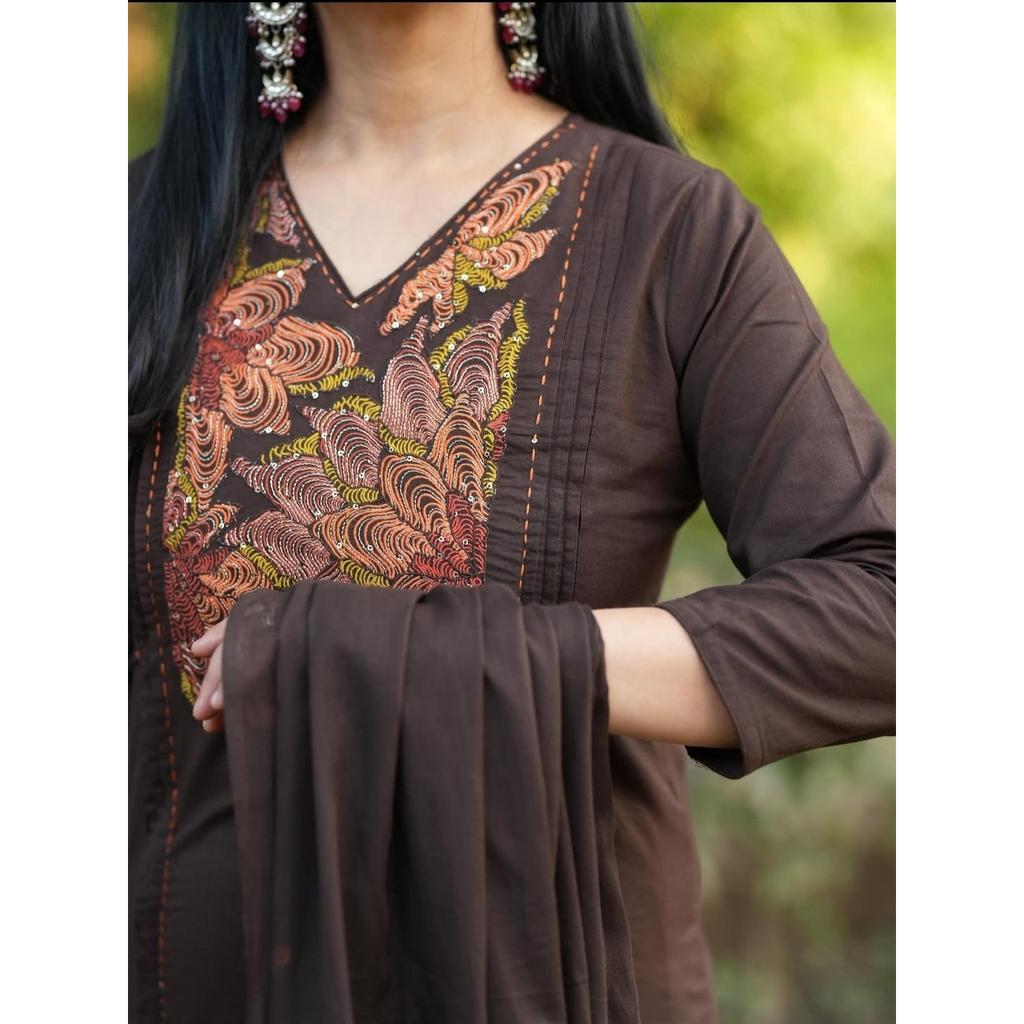 Beautiful Brown Cotton Kurti Pant Dupatta Set Indian Designer Ethnic Kurta Set