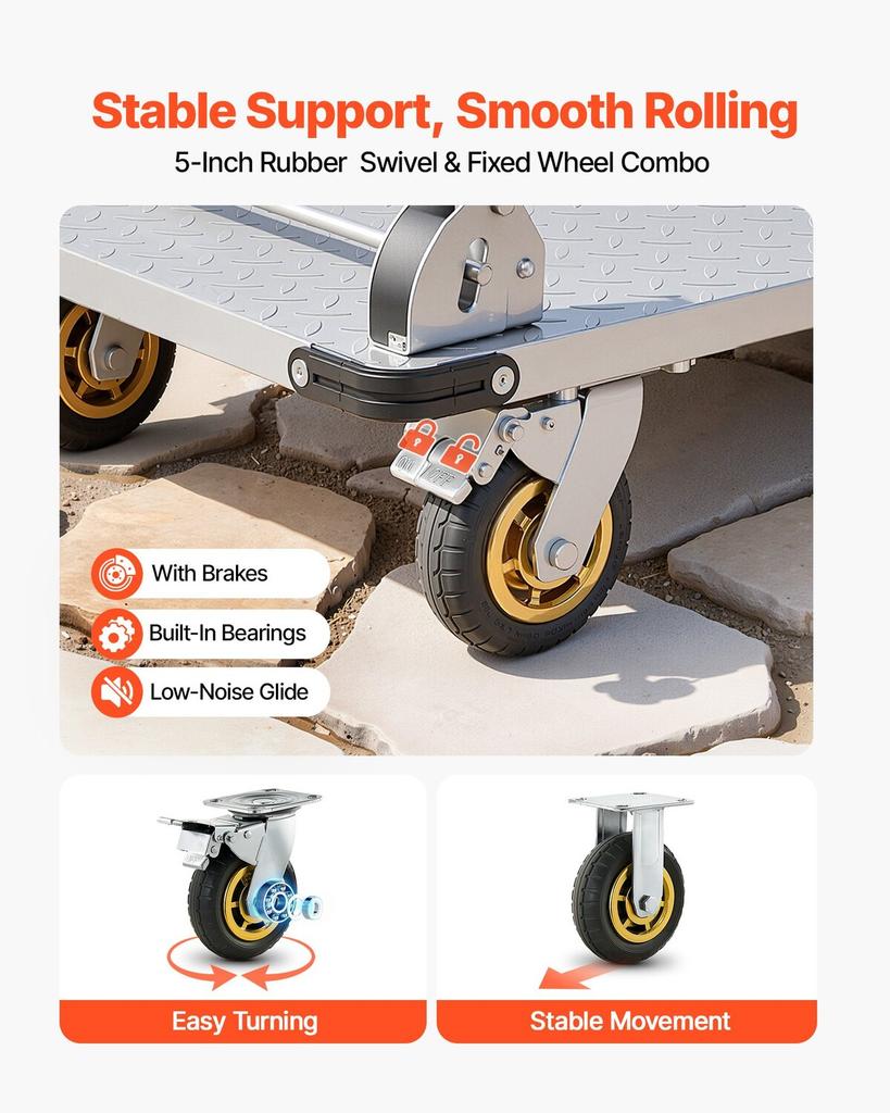 Platform Truck, 907.18 Kg Capacity, Heavy Duty Steel Flatbed Cart with Swivel Wheels and Handle, Foldable Platform Hand Push Truck Dolly, for