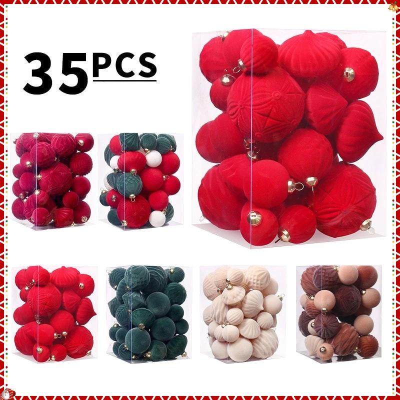 35Pcs Multicolor Flocked Christmas Ball Set Luxury Christmas Home Decoration Short Flocked Balls For Xmas Party Wedding Ornament