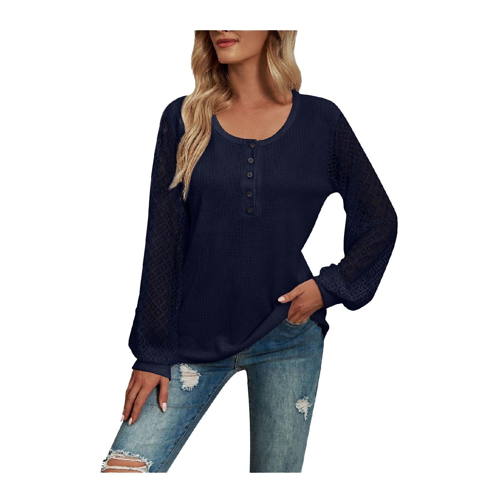 Fashionable Women s  Patchwork Long,Sleeve Button,Up T,Shirt XXL тёмно-синий