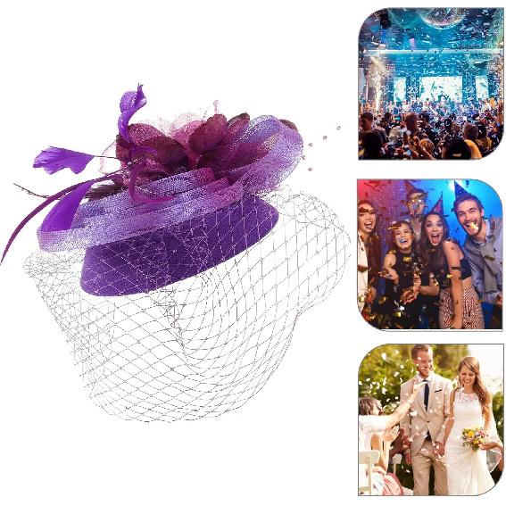 Yardwe Vintage Fascinator Headband Purple Mesh Flower Pillbox Hat Wedding Bride Headdress Banquet Hair Accessory for Women Special Occasion