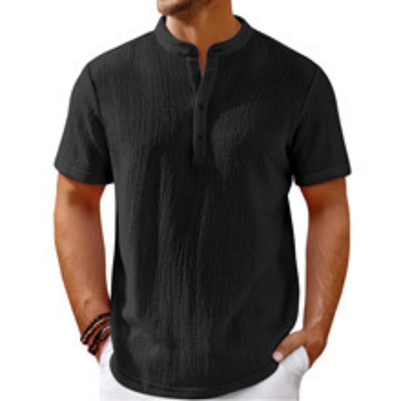 Men Stand Collar Henley Short Sleeve Shirt Textured Fabric Button Neck Casual Breathable Daily Tops S чёрный