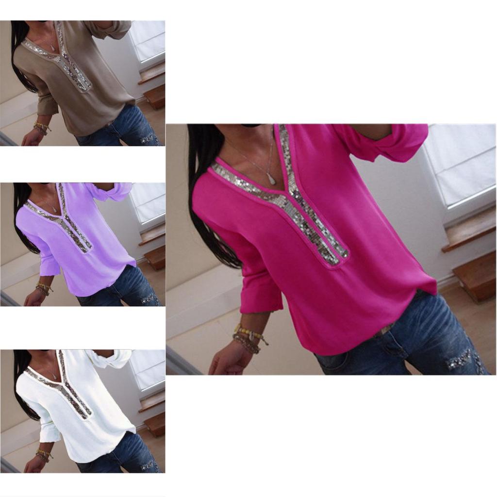Elegant Womens Long Sleeve Sequins V-neck Tops Blouse With Casual Plus Size Fit
