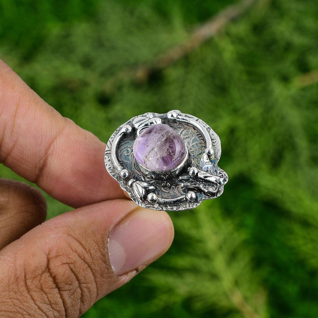 African Amethyst Stone 925 Silver Wedding Statement Bezel Promise Birthday Ring