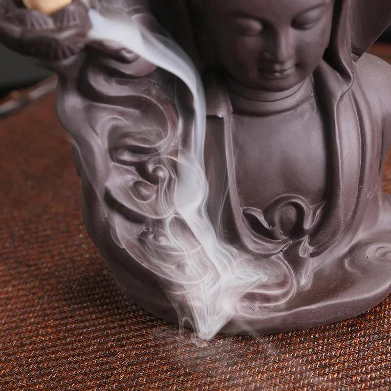 Y Artistic Purple Clay Backflow Incense Burner Zen Meditation Home Decor Buddha Aromatherapy Altar Ornament for Yoga Relaxation