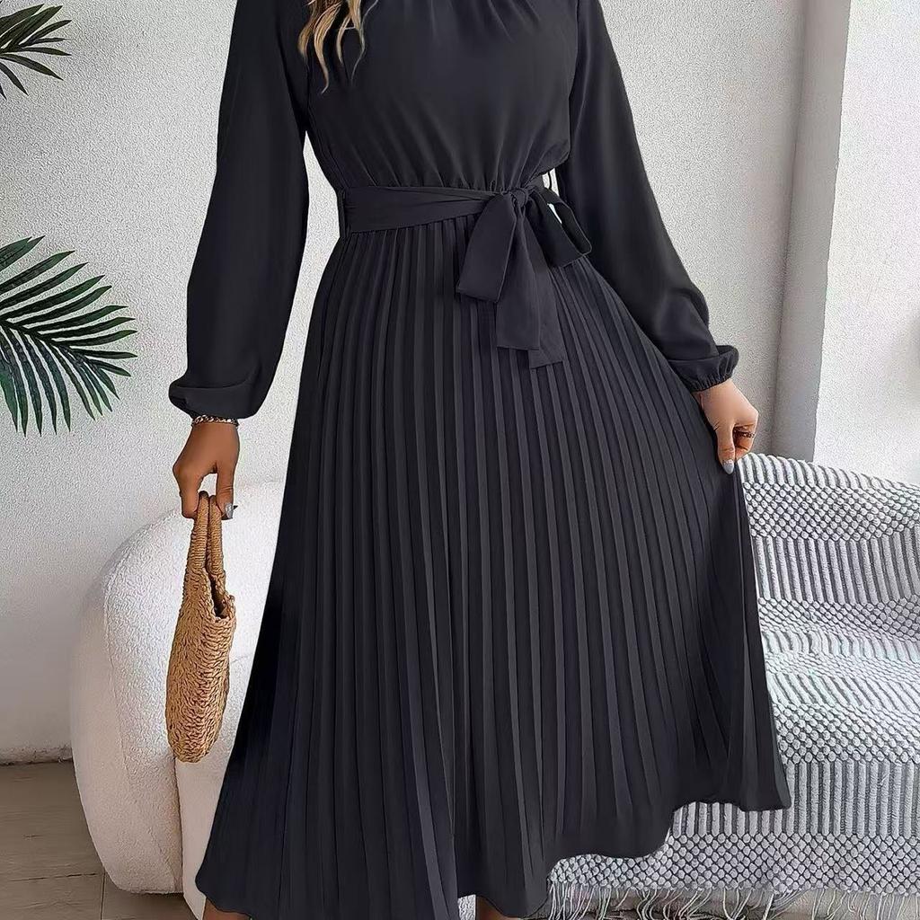 Autumn and Winter Elegant Stand-up Collar Long-sleeved Waist Pleated Long Dress Small Dress, Women's Clothing