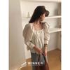 Women's White Square Neck Puff Sleeve Ruffled Hem Chiffon Blouse With Thin Strap Decoration