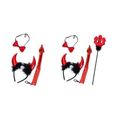 Cartoon Devil Horn Shape Hair Hoop Plush Carnivals Party Headpiece Colorful Cosplay Party Tail&Bowties Props Unisex