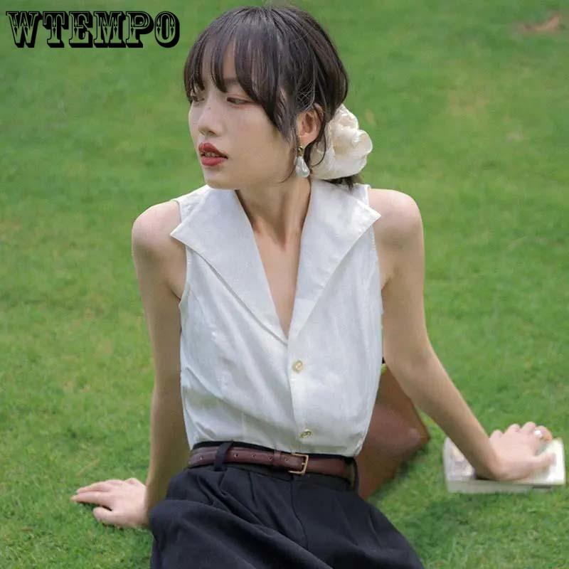 Summer Sleeveless French Camisole Women Lapel V Neck Blouse Niche Temperament Chiffon Top Classic Button Shirt Solid Color Simple Tank Top