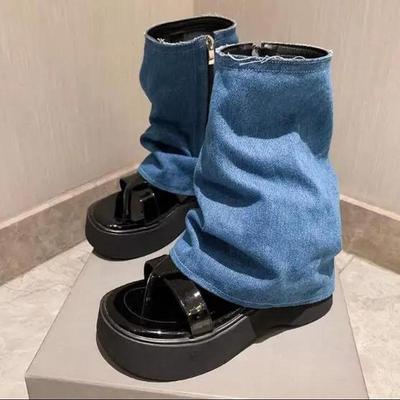 Sexy flip flop sandália botas denim azul plataforma plana meias botas femininas estilo roma sapatos planos preto branco