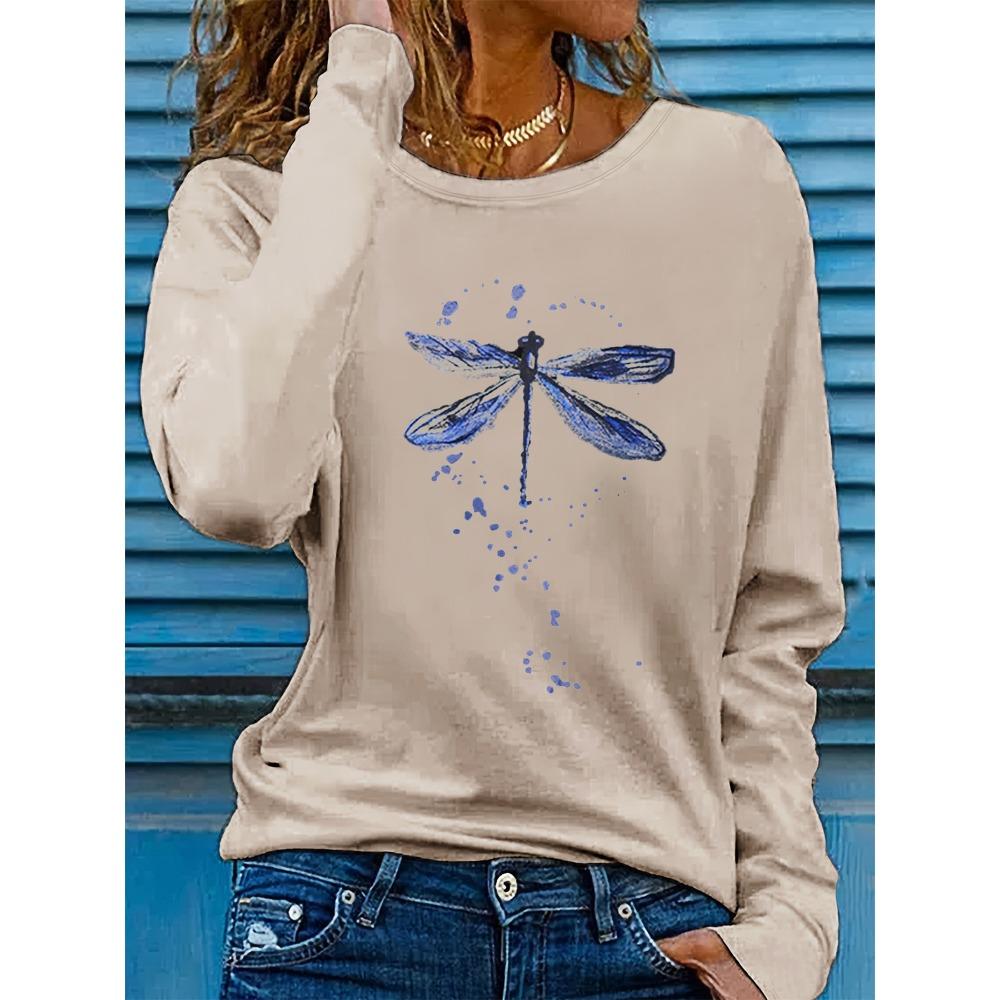 Spring and Autumn women's fashionable casual loose dragonfly print round neck long sleeved T-shirt base shirt