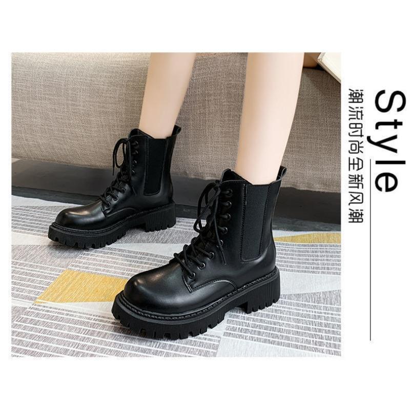 Women's shoes autumn and winter cotton shoes medium top new Martin boots velvet versatile round head medium tube boots women's platform single shoes