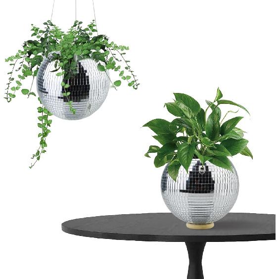 6inch Disco Ball Hanging Plant Pots,Plant Disco Ball Silver Mirror Disco Planter with Chain Hook for Indoor Outdoor Decor and Wooden Stand for