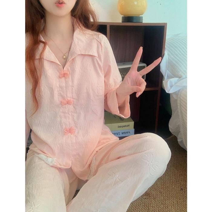 

Women s pajamas with chest pads, spring and autumn bows, jacquard clouds, cotton, solid color long-sleeved trousers, sweet loungewear set M