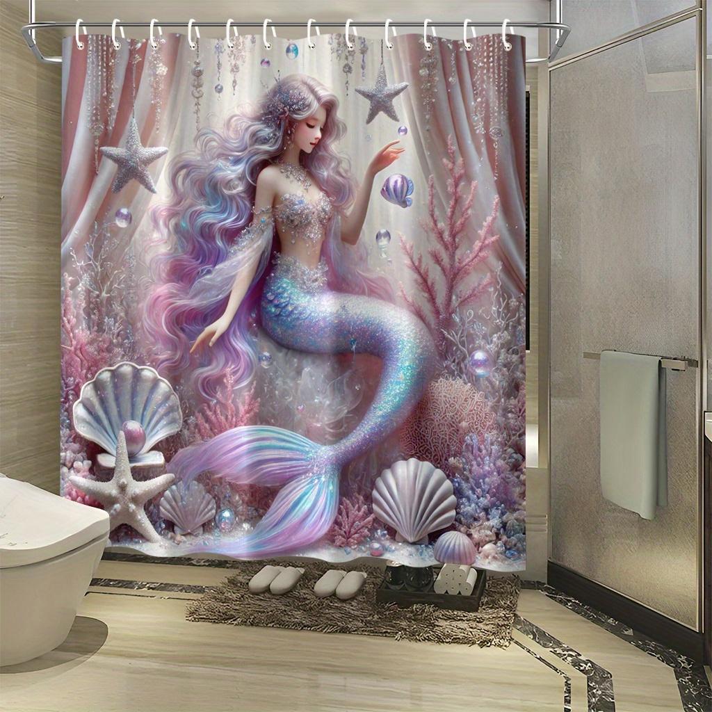 Fantasy Mermaid Shower Curtain Waterproof Easy To Clean Privacy Protection Print Magical Ocean Design Dreamy Pink Purple Art