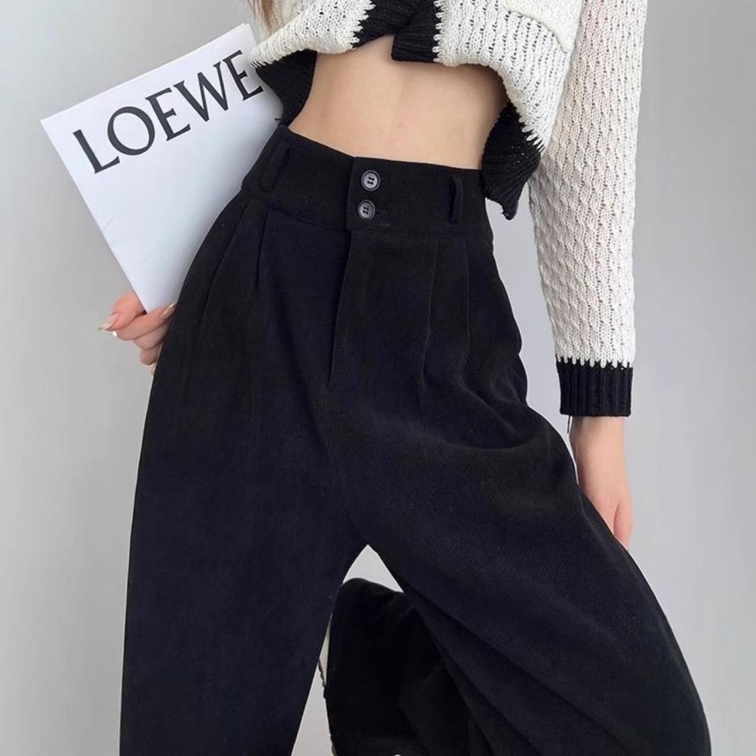 

Women s High Waist Chenille Wide Leg Pants - Slim Fit, Floor-Length, Double Button, Petite Black Regular Spring/Autumn